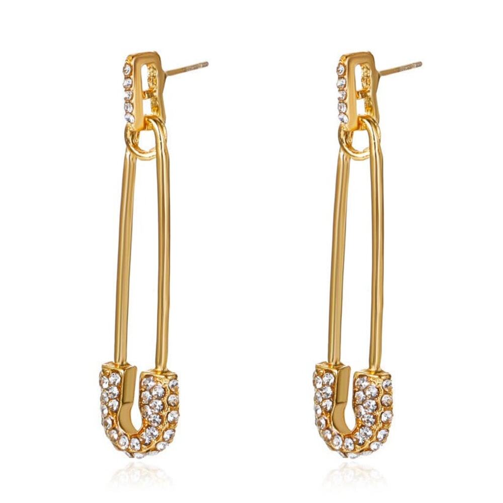 Safety Pin Earrings Goldtone Rhinestone Sparkle Edgy Best Seller